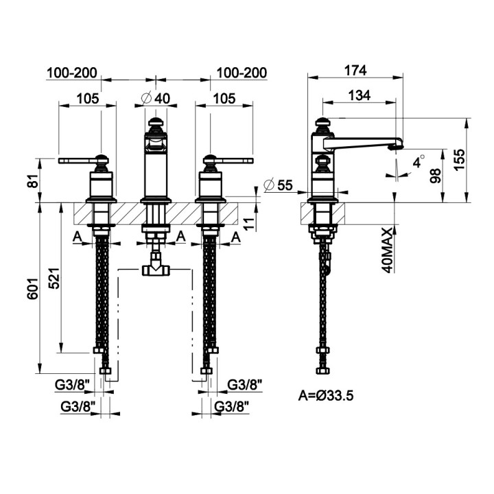 Bateria umywalkowa 3-otworowa Gessi Venti20, stojąca, wysokość 155mm, korek automatyczny, chrom