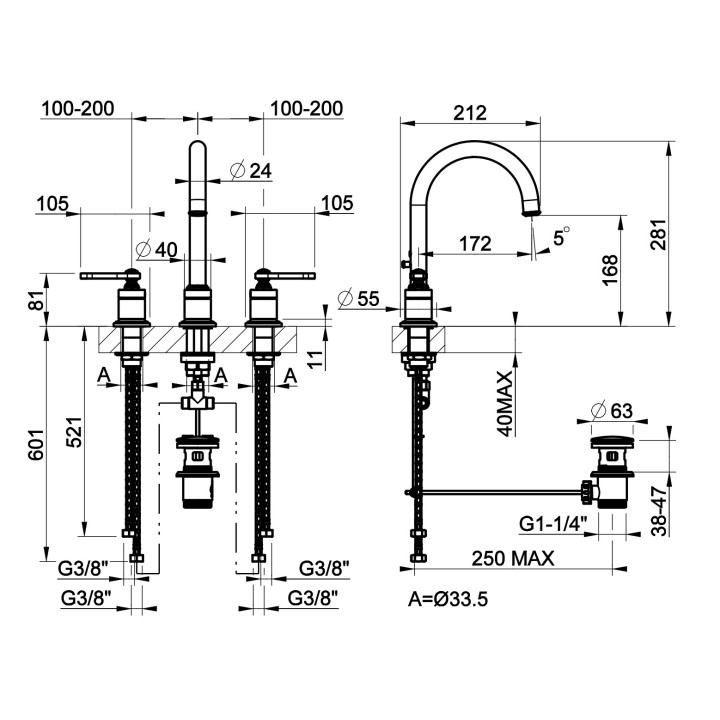 Bateria umywalkowa 3-otworowa Gessi Venti20, stojąca, wysokość 155mm, korek automatyczny, chrom