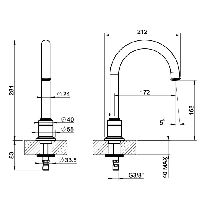 Wylewka umywalkowa Gessi Venti20, stojąca, wysokość 156mm, chrom
