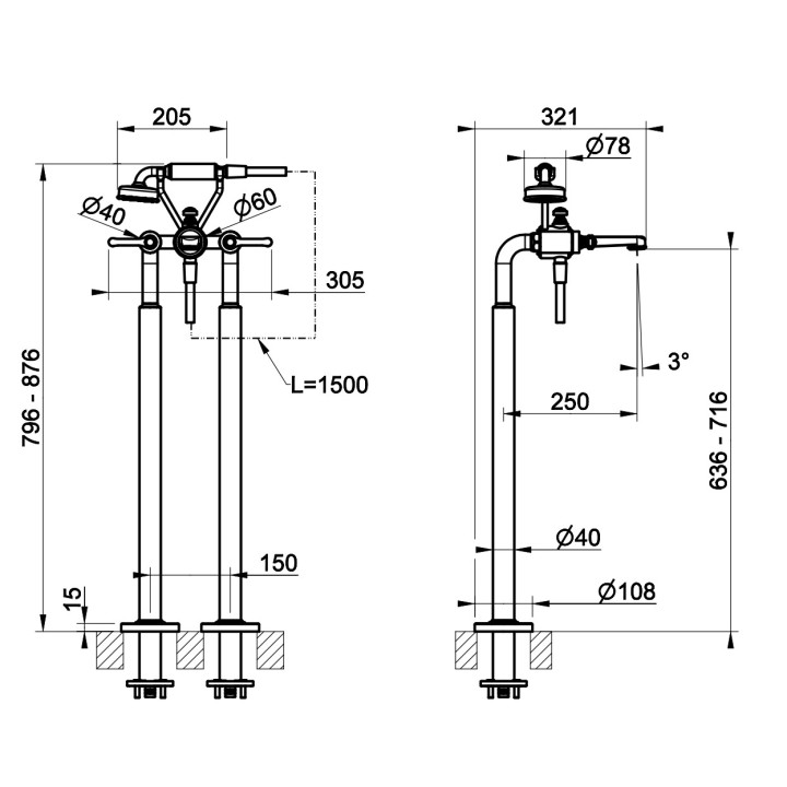 Bateria wannowa wolnostojąca Gessi Origini, 2 wyjścia wody, zestaw natryskowy, chrom