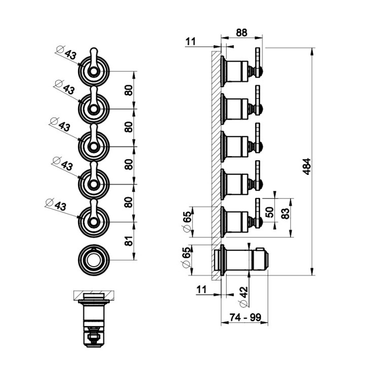 Termostatyczna bateria natryskowa Gessi Venti20, 5-otworowa, podtynkowa, 4 jednoczesne wyjścia wody, chrom