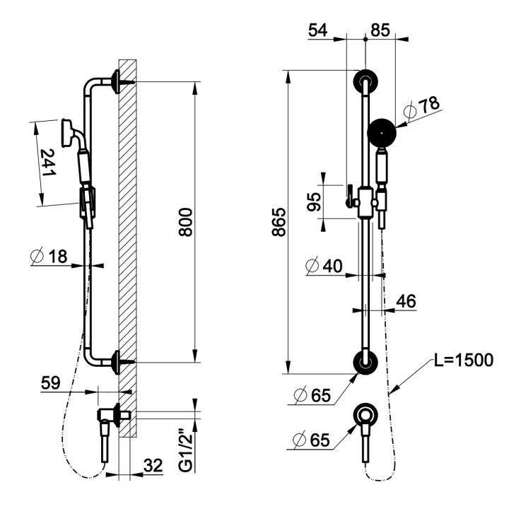 Zestaw natryskowy Gessi Venti20, natynkowy, drążek z słuchawką i wężem 150cm, chrom