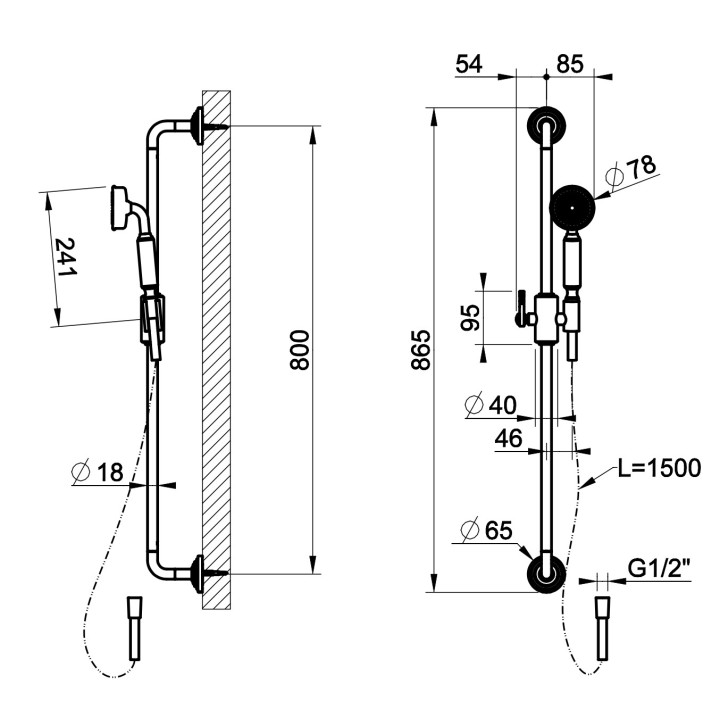 Zestaw natryskowy Gessi Venti20, natynkowy, drążek z słuchawką, wężem 150cm i przyłączem kątowym, chrom