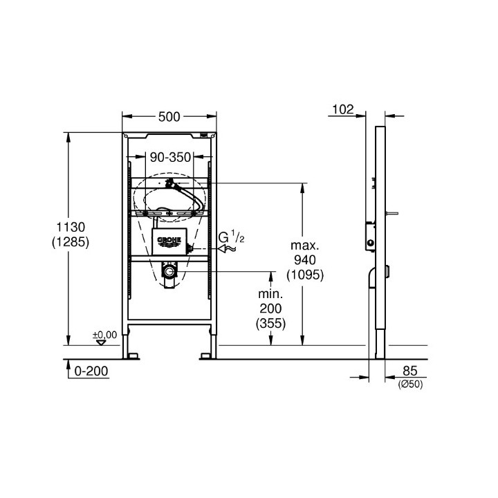 Stelaż podtynkowy GROHE Rapid SL do pisuarów, w stanie surowym do elektroniki radarowej- sanitbuy.pl
