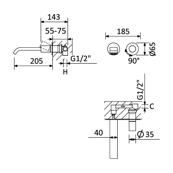 Bateria umywalkowa Bruma Avalon, podtynkowa, 2-otworowa, wylewka 205mm, sunrise