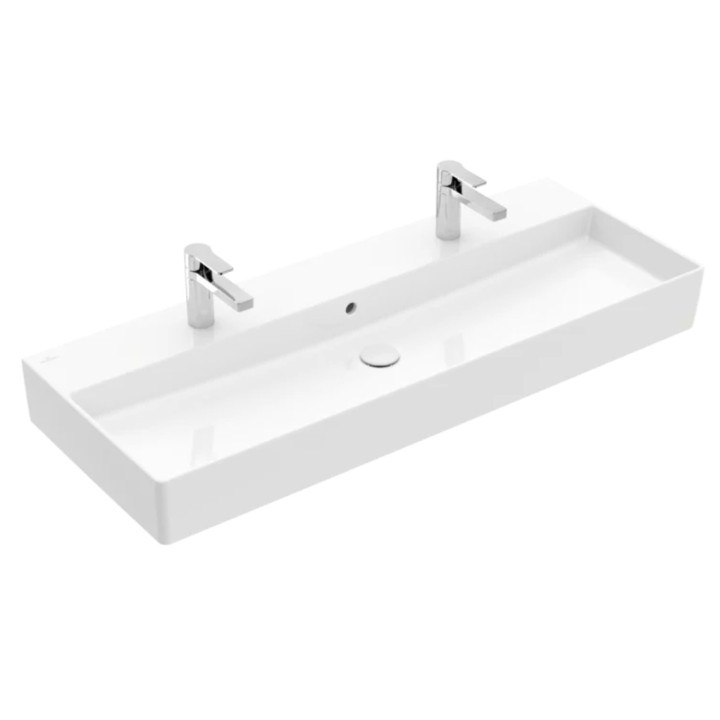 Umywalka ścienna Villeroy & Boch Memento 2.0, 120x47cm, przelew, 2 otwory na baterie, CeramicPlus, Weiss Alpin