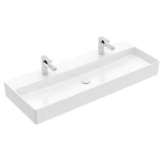 Umywalka ścienna Villeroy & Boch Memento 2.0, 120x47cm, przelew, 2 otwory na baterie, CeramicPlus, Weiss Alpin