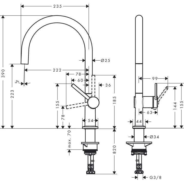 Bateria kuchenna Hansgrohe Talis M54 U, jednouchwytowa, wysokość 22 cm, 1jet, chrom
