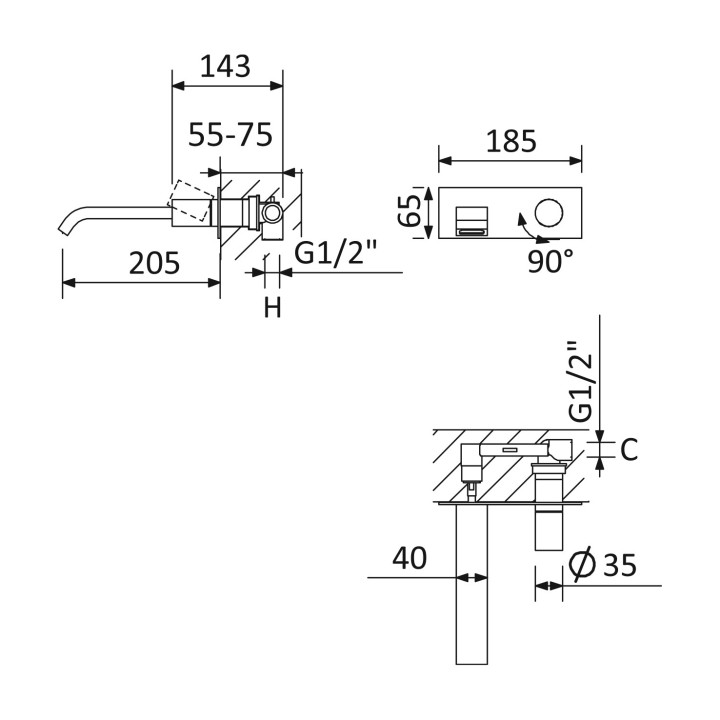 Bateria umywalkowa Bruma Avalon, stojąca, wysokość 331mm, chrom