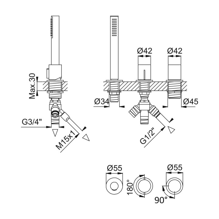 Bateria wannowa 4-otworowa Bruma Avalon, stojąca, 2 wyjścia wody, chrom