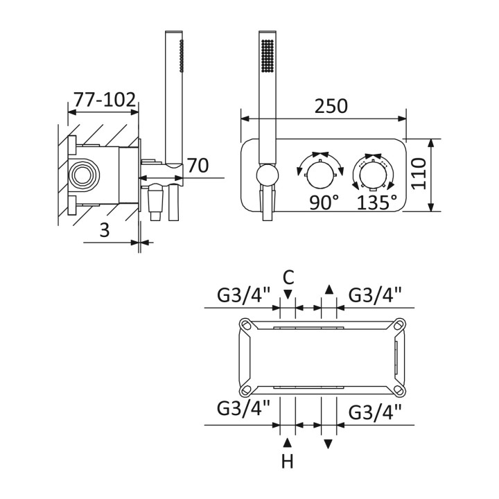 Termostatyczna bateria natryskowa Bruma Avalon, podtynkowa, 2 wyjścia wody, z zestawem natryskowym Venus, chrom
