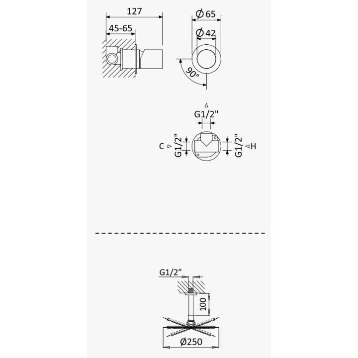 Zestaw natryskowy Bruma Avalon, podtynkowy, 1 wyjście wody, deszczownica 250mm z ramieniem ściennym, chrom