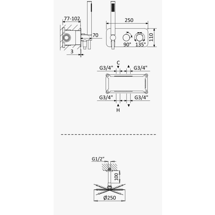 Termostatyczny zestaw natryskowy Bruma Avalon, podtynkowy, 2 wyjścia wody, deszczownica 250mm z ramieniem ściennym, chrom
