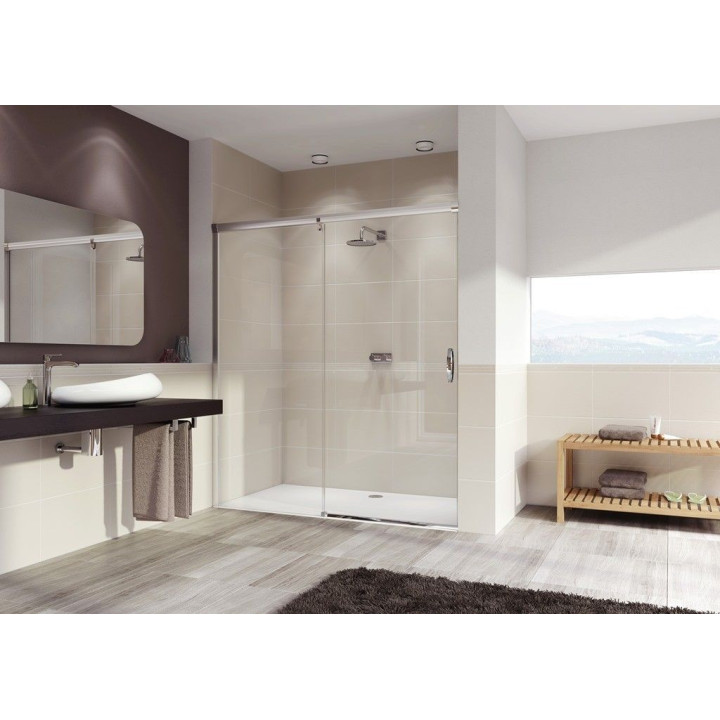 Drzwi suwane Huppe Aura Elegnace 1 częściowe ze stały segmentem, prawe, 90x200 cm, szkło przeźroczyste, profil srebrny połysk