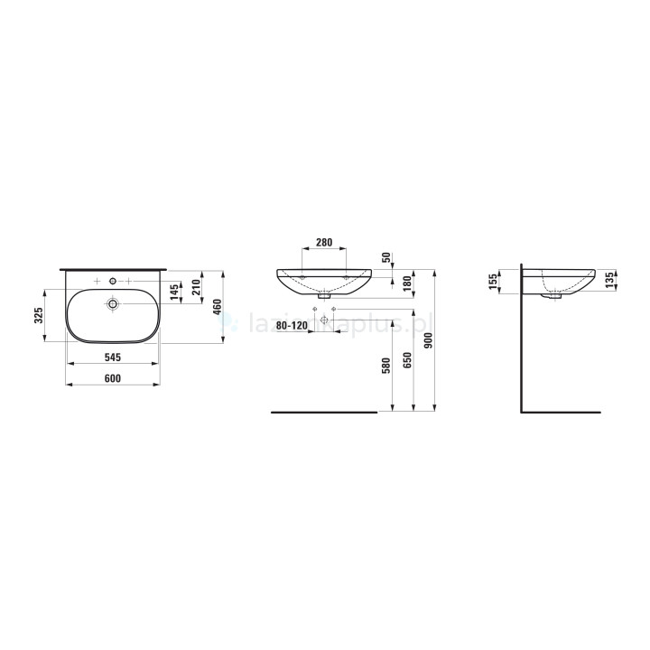 Umywalka ścienna 600 x 380 mm bez otworu na baterię biała Laufen Pro S, H8189590001091