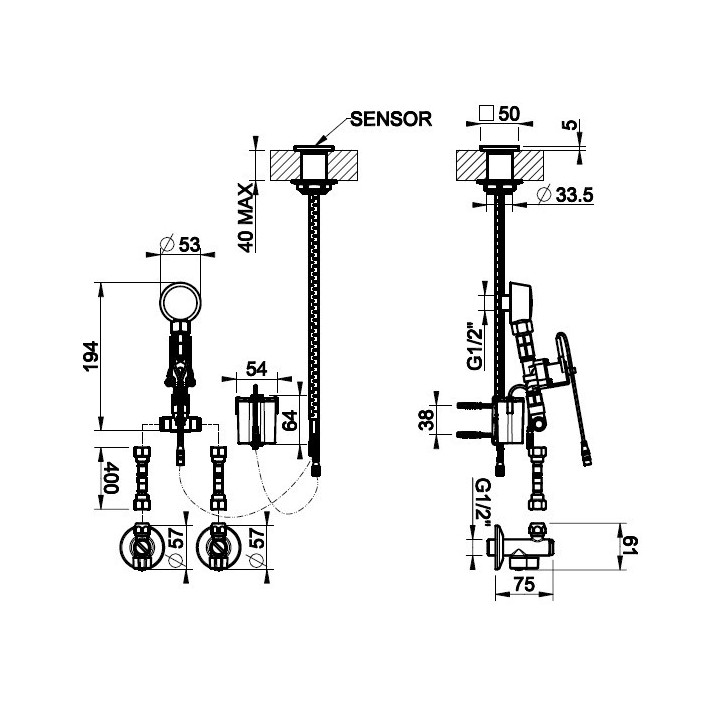 Bateria umywalkowa elektroniczna Gessi Rilievo, sufitowa element zewnętrzny - Black Metal Brushed PVD