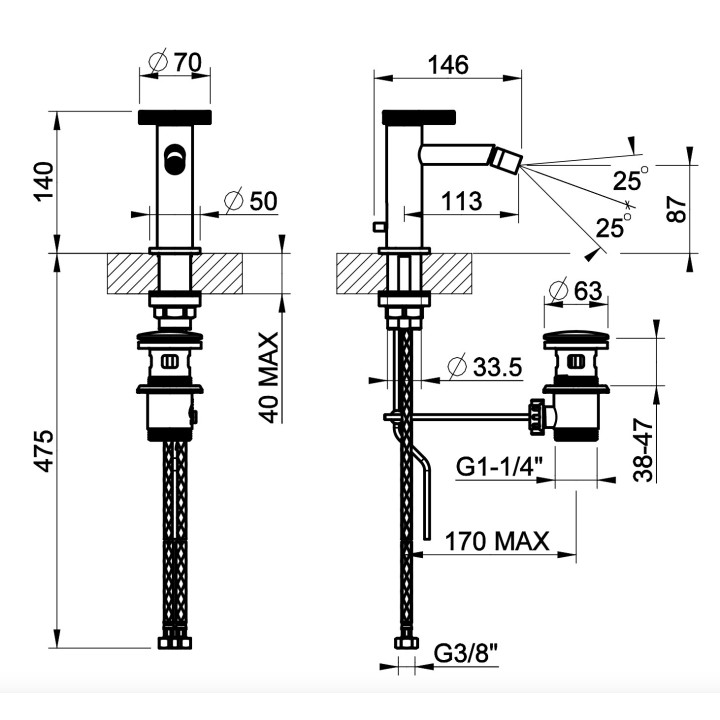 Bateria umywalkowa Gessi Anello, stojąca, wysokość 168mm, korek automatyczny, chrom