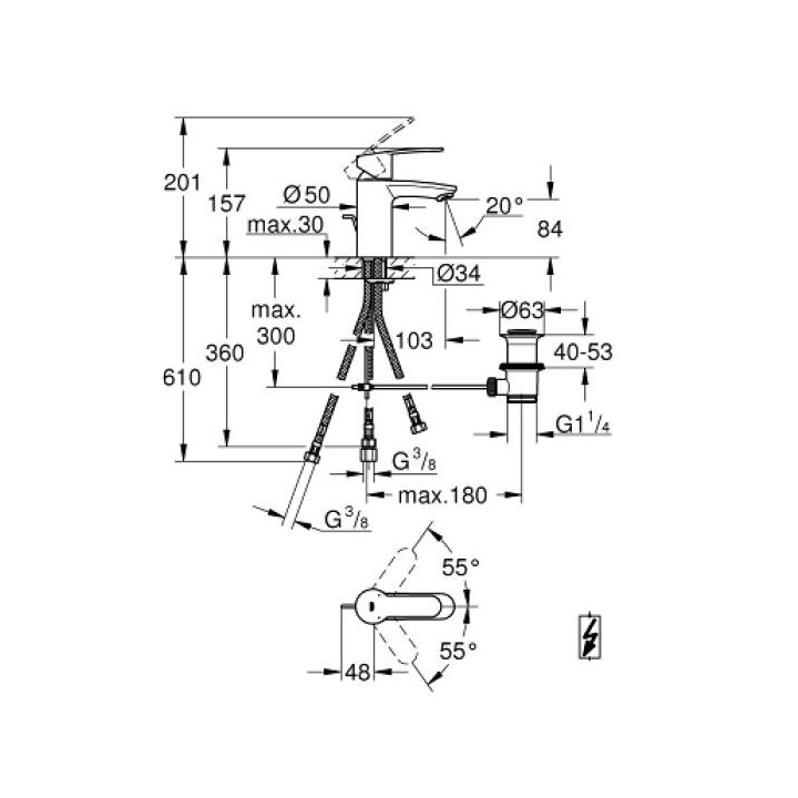 Bateria umywalkowa Grohe Eurostyle Cosmopolitan z korkiem, wys. 20 cm, dł. wylewki 10,2 cm, chrom