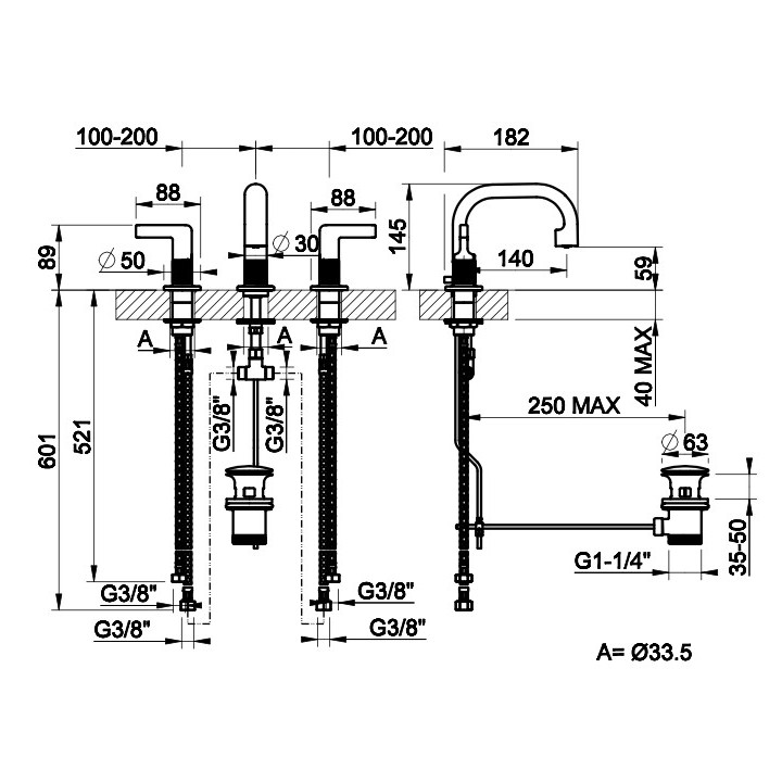 Bateria umywalkowa 3-otworowa Gessi Inciso, stojąca, wysokość 145mm, korek automatyczny, chrom