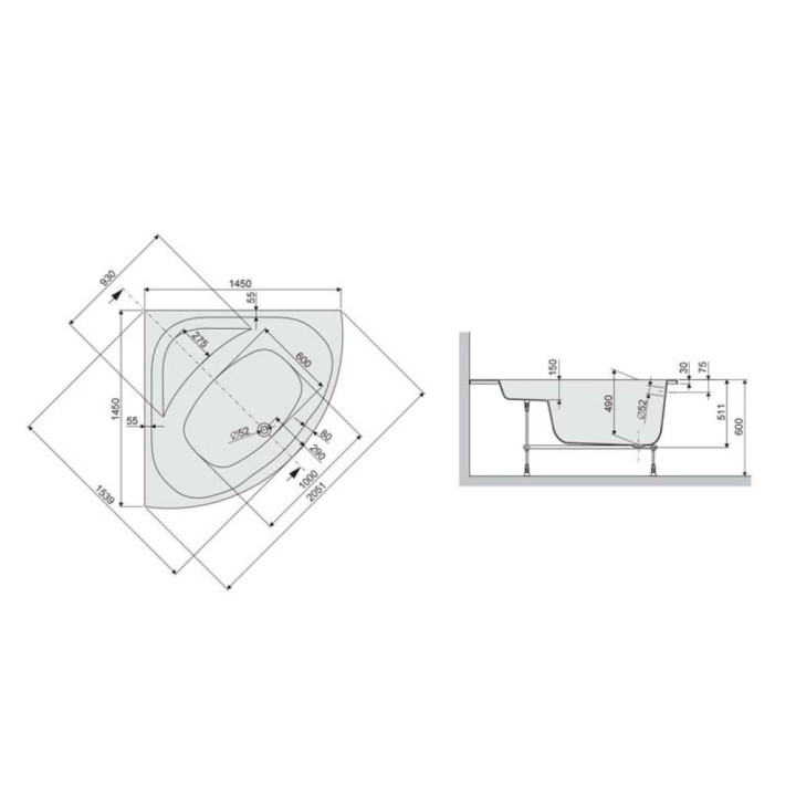 Wanna narożna Sanplast Prestige III akrylowa 140x140 cm, symetryczna - biała