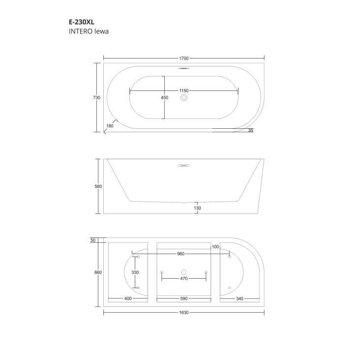 Wanna narożna Corsan INTERO lewa 170 cm z wykończeniem różowe złoto - biała