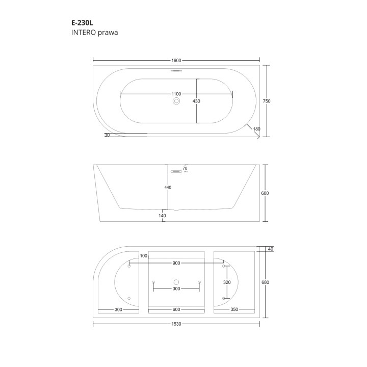 Wanna narożna do montażu przyściennego Corsan INTERO prawa 160 cm z wykończeniem różowe złoto - biała