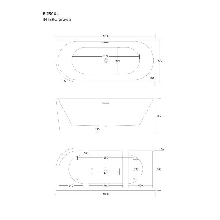 Wanna narożna Corsan INTERO prawa 170 cm z wykończeniem złotym - biała