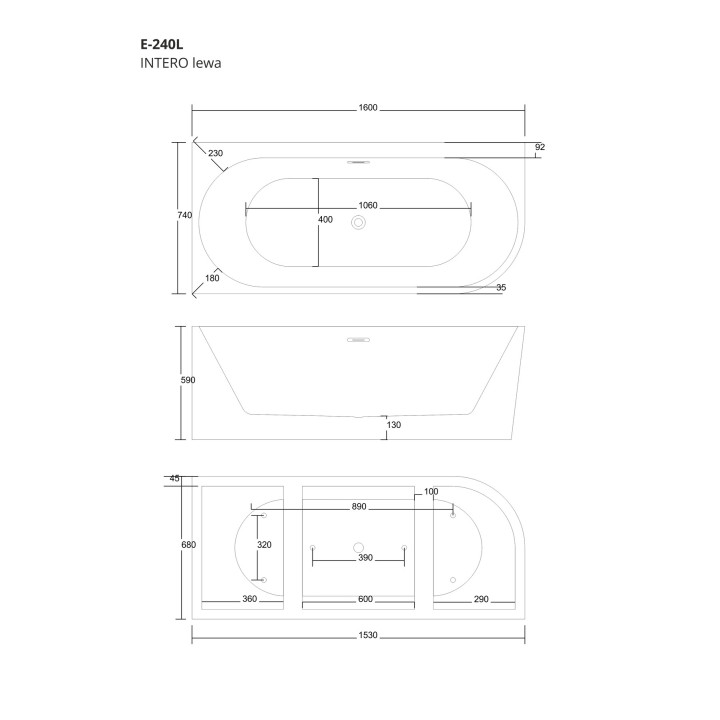 Wanna narożna Corsan INTERO lewa 160 cm z szeroką krawędzią i wykończeniem złotym - biała