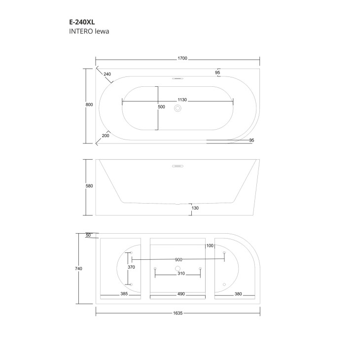 Wanna narożna Corsan INTERO lewa 170 cm z szeroką krawędzią i wykończeniem białym - biała