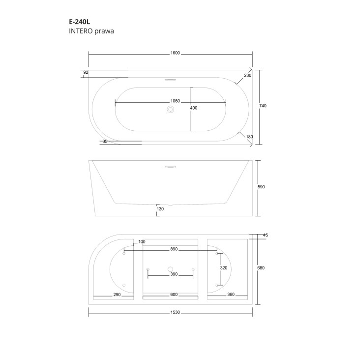 Wanna narożna Corsan INTERO prawa 160 cm z szeroką krawędzią i wykończeniem złotym - biała