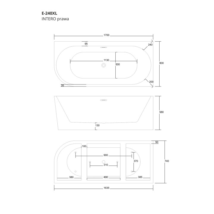 Wanna narożna Corsan INTERO prawa 170 cm z szeroką krawędzią i wykończeniem chrom - biała