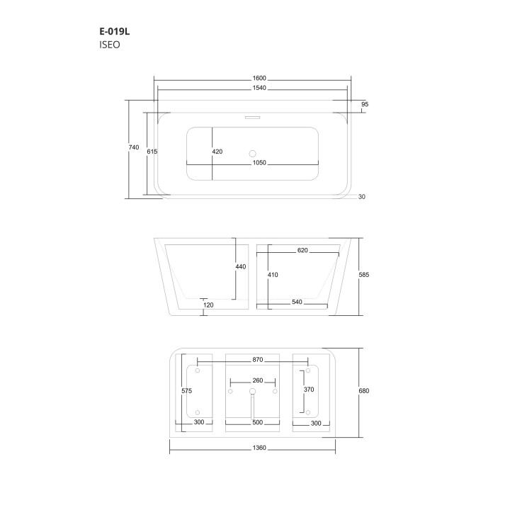 Wanna przyścienna wolnostojąca Corsan Iseo 160 cm z szeroką krawędzią i wykończeniem różowe złoto - biała