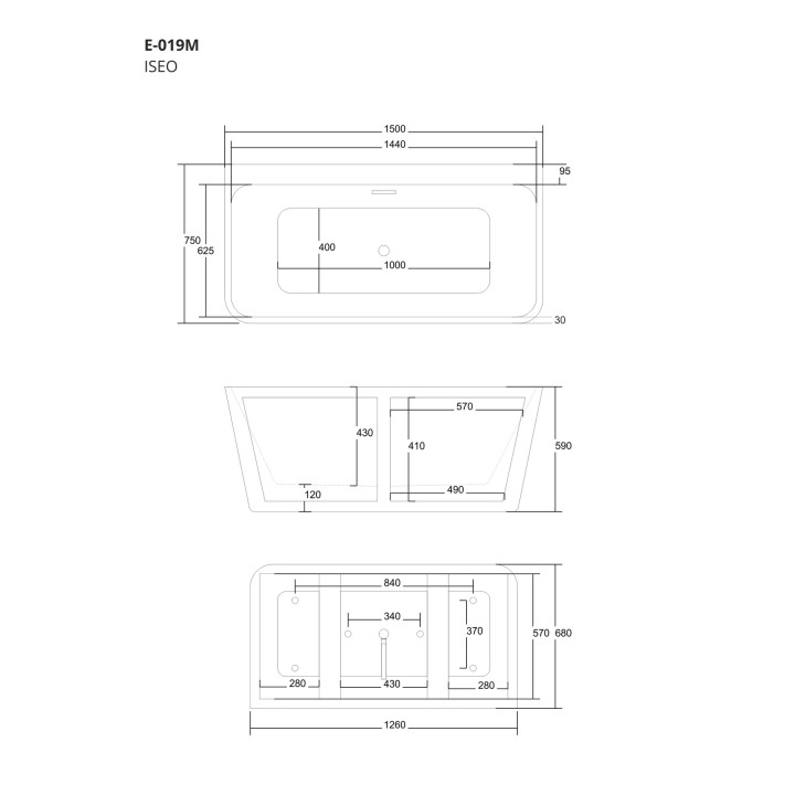 Wanna przyścienna wolnostojąca Corsan Iseo 150 cm z szeroką krawędzią i wykończeniem chrom - biała