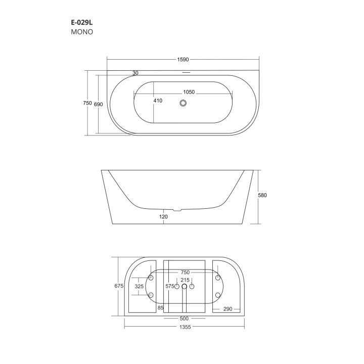 Wanna przyścienna wolnostojąca Corsan Mono 160 cm z wykończeniem złotym - biała