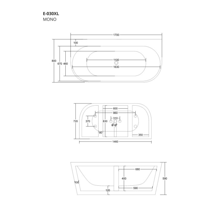 Wanna przyścienna wolnostojąca Corsan Mono 170cm z szeroką krawędzią i wykończeniem złotym - biała