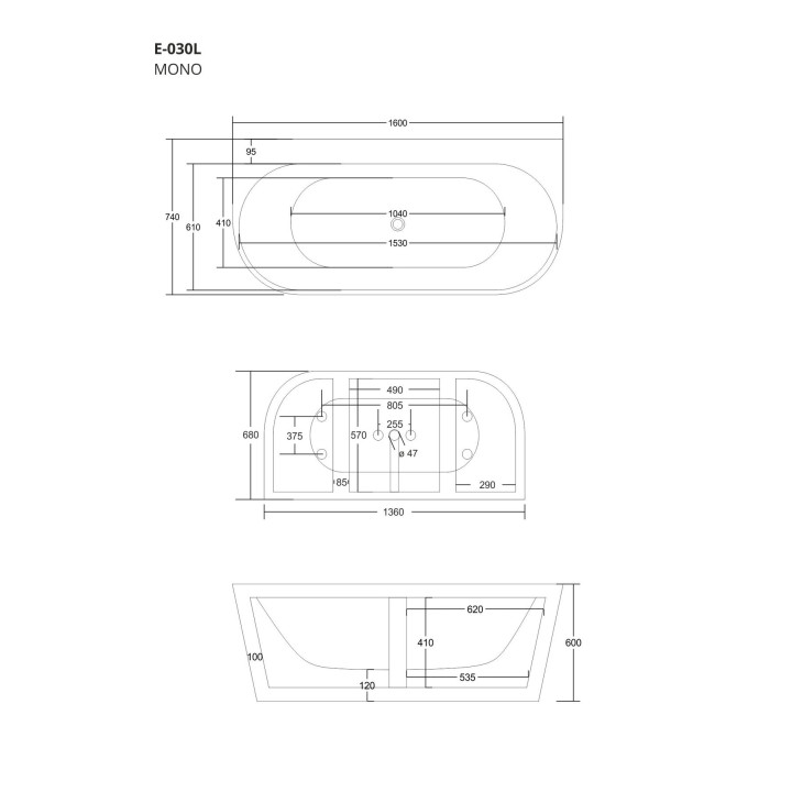 Wanna przyścienna wolnostojąca Corsan Mono 160cm z szeroką krawędzią i wykończeniem chrom - biała