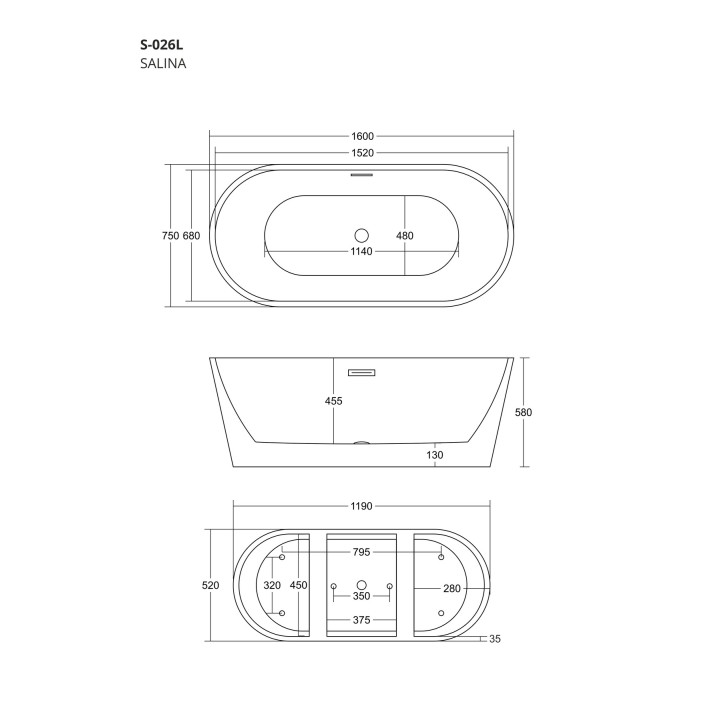 Wanna wolnostojąca Corsan Salina 160 cm z wykończeniem białym - biała