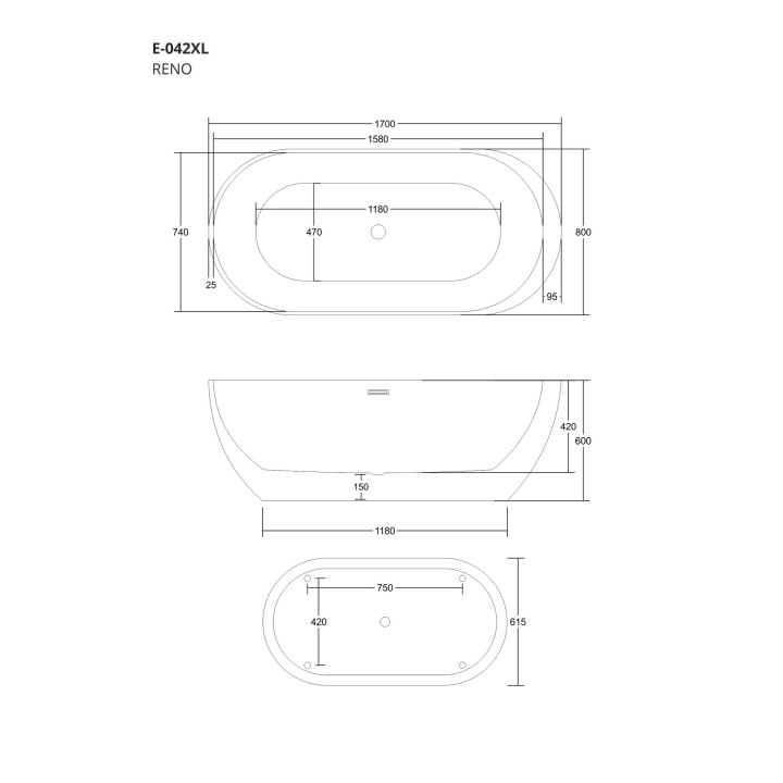 Wanna wolnostojąca Corsan Reno 170 cm z wykończeniem chrom - biała