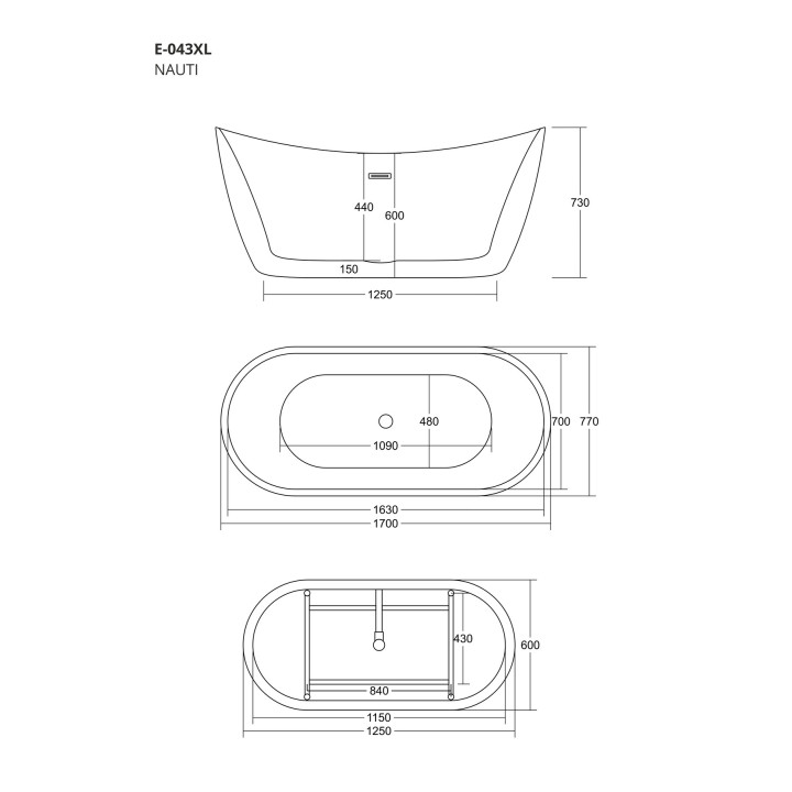 Wanna wolnostojąca Corsan Nauti 170 cm z wykończeniem złotym - biała