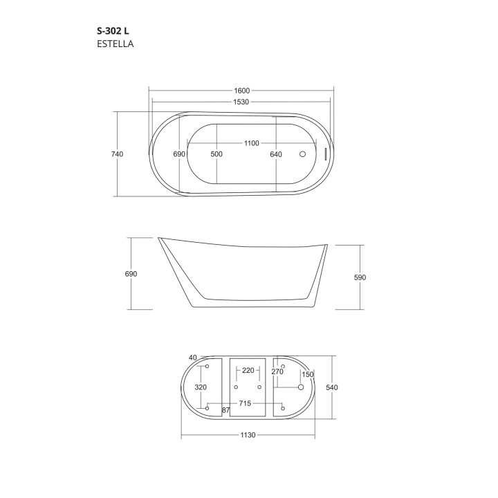 Wanna wolnostojąca Corsan Estella 160 cm z wykończeniem czarnym - biała