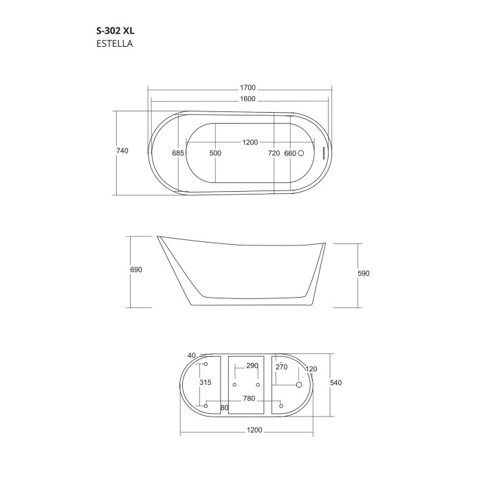Wanna wolnostojąca Corsan Estella 170 cm z wykończeniem czarnym - biała