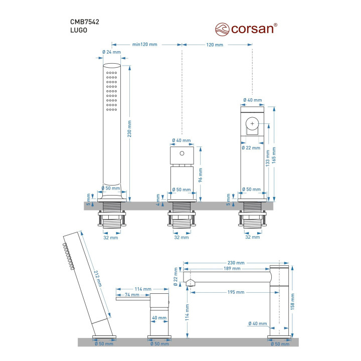 Bateria wannowa 3 otworowa Corsan Lugo chromowana z wylewką i słuchawką prysznicową
