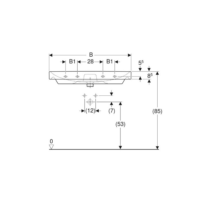 Geberit Smyle Square Umywalka, B120cm, H16.5cm, T48cm, z przelewem, bez otworu na baterię