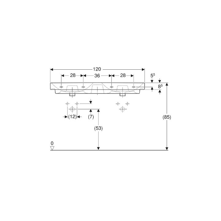 Geberit Smyle Square Umywalka podwójna, B120cm, H16.5cm, T48cm, z dwoma przelewami, bez otworów na baterie