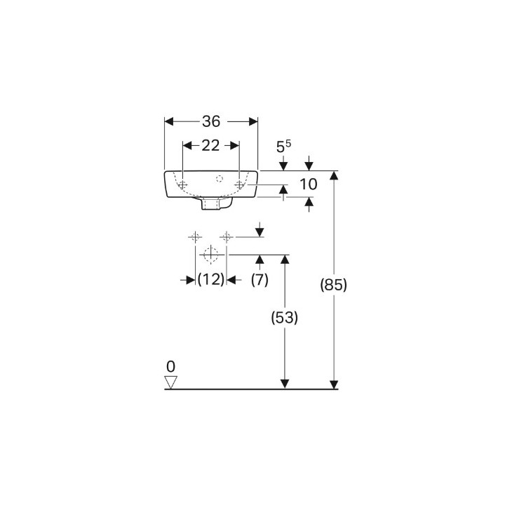 Geberit Selnova Square Umywalka kompaktowa, B36cm, H14.5cm, T28cm, z przelewem, z otworem na baterię