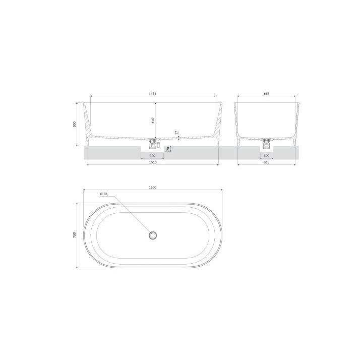 Wanna wolnostojąca OMNIRES OVO M+, 160x75 cm, z syfonem - biały połysk