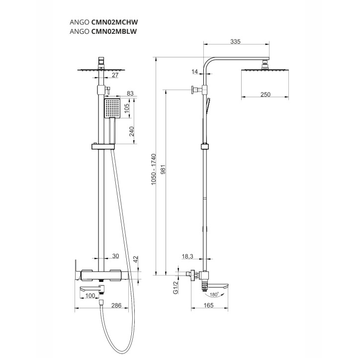 Natryskowa czarna kolumna prysznicowa Corsan Ango kwadratowa deszczownica z baterią mieszaczową i obrotową wylewką wannową