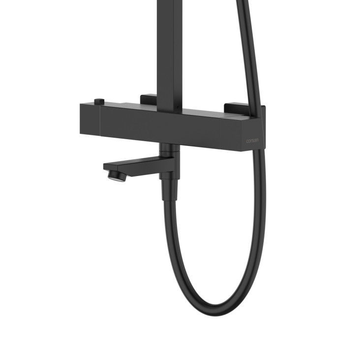 Natryskowa czarna kolumna prysznicowa Corsan Ango kwadratowa deszczownica z baterią termostatyczną i obrotową wylewką wannową