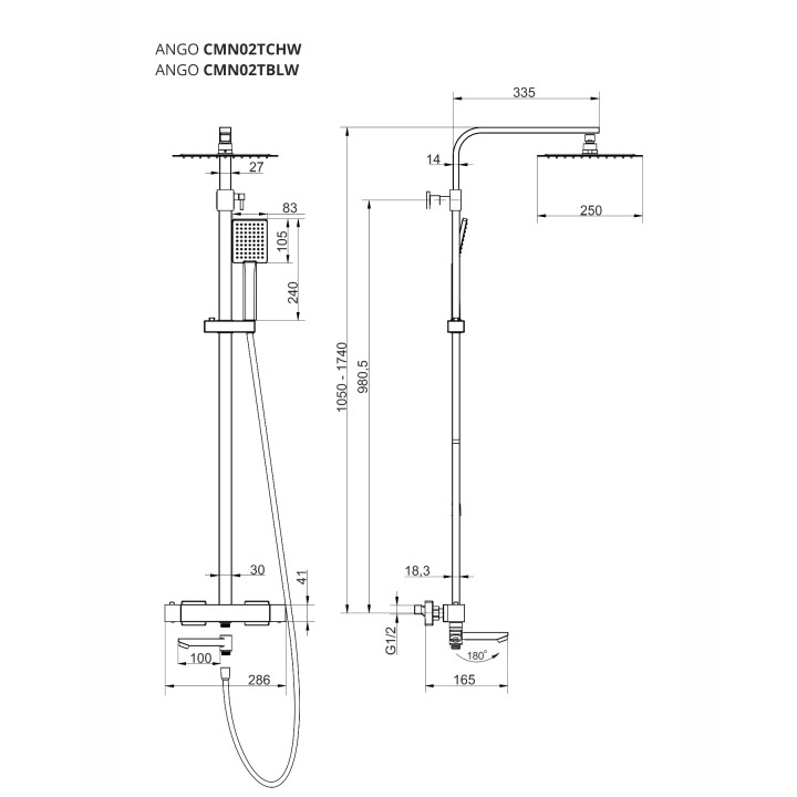 Natryskowa czarna kolumna prysznicowa Corsan Ango kwadratowa deszczownica z baterią termostatyczną i obrotową wylewką wannową