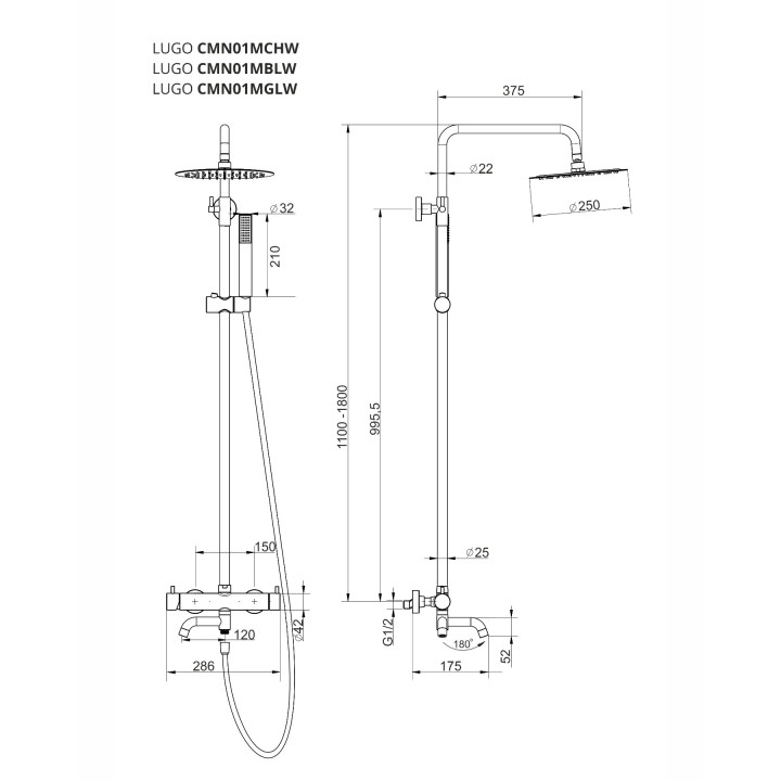 Natryskowa kolumna prysznicowa Corsan Lugo chrom okrągła deszczownica z baterią mieszaczową i obrotową wylewką wannową